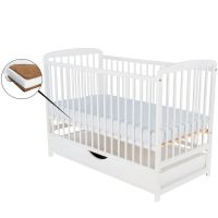 BabyNeeds - Patut din lemn Ola 120x60 cm, cu sertar, Alb + Saltea 10 cm  - ExclusivMAG.ro