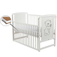 BabyNeeds - Patut din lemn Timmi 120x60 cm, cu laterala culisanta, Alb + Saltea 10 cm  - ExclusivMAG.ro