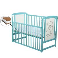 BabyNeeds - Patut din lemn Timmi 120x60 cm, cu laterala culisanta, Mint + Saltea 10 cm  - ExclusivMAG.ro