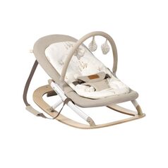 Balansoar, Jane, Kalm, Pliabil, Cu bara de jucarii si spatar reglabil, Cu baza din lemn, Desert, Culoare: Bej