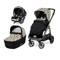 Carucior 3 in 1 Peg Perego Veloce, Lounge,  0 - 22 kg, Graphic Gold, Negru / Bej, Culoare: Crem