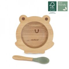 Set bamboo lingurita si bol Frog Miniland, Culoare: Verde