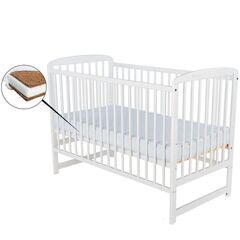 BabyNeeds - Patut din lemn Ola, 120X60 cm, AlbÂ + Saltea 8 cm