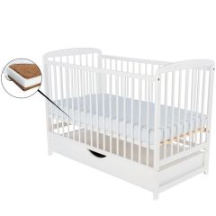 BabyNeeds - Patut din lemn Ola 120x60 cm, cu sertar, Alb + Saltea 10 cm