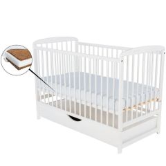 BabyNeeds - Patut din lemn Ola 120x60 cm, cu sertar, Alb + Saltea 12 cm