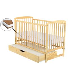 BabyNeeds - Patut din lemn Ola 120x60 cm, cu sertar, Natur + Saltea 10 cm