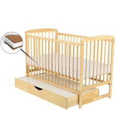 BabyNeeds - Patut din lemn Ola 120x60 cm, cu sertar, Natur + Saltea 12 cm