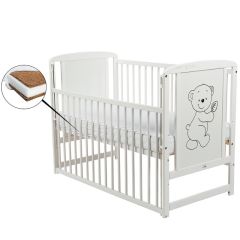 BabyNeeds - Patut din lemn Timmi 120x60 cm, cu laterala culisanta, Alb + Saltea 10 cm