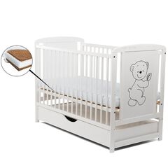 BabyNeeds - Patut din lemn Timmi 120x60 cm, cu sertar, Alb + Saltea 8 cm