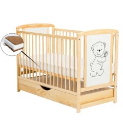 BabyNeeds - Patut din lemn Timmi 120x60 cm, cu sertar, Natur + Saltea 10 cm, Culoare: Natur, Dimensiuni: 120x60