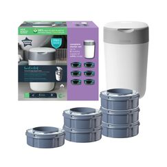 Pachet Cos pentru scutece + 6 Rezerve Tommee Tippee Sangenic Twist and Click Reciclabil, Alb / Gri  - ExclusivMAG.ro