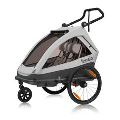 Carucior si remorca de bicicleta, Lionelo, Cama, Multifunctional, Pentru 1 sau 2 copii, Cu sistem de absorbtie a socurilor SIQ, Geamuri cu protectie solara, Gri, Culoare: Gri, Model: gemeni  - ExclusivMAG.ro