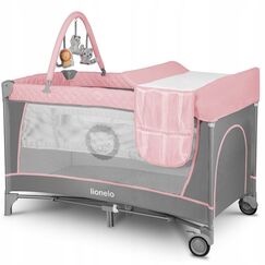 Lionelo - Patut pliant cu nivel suplimentar si arcada, Flower, Gri/ Roz, Culoare: Roz, Dimensiuni: 120x60  - ExclusivMAG.ro