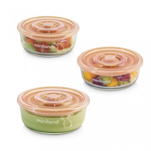 Set 3 recipiente din sticla 300 ml ermetice Bunny Miniland Baby, Culoare: Roz