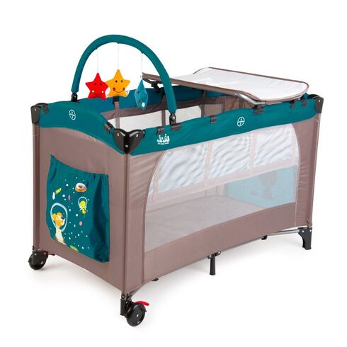 Patut pliant 2 niveluri Juju Sleepy Baby, Space Doggy, Culoare: Turquoise, Dimensiuni: 120x60,poza 2