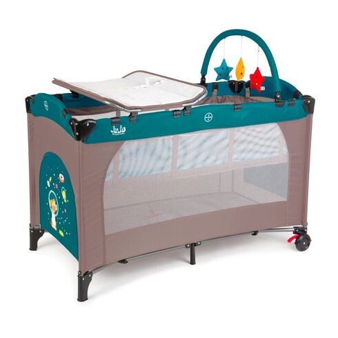Patut pliant 2 niveluri Juju Sleepy Baby, Space Doggy, Culoare: Turquoise, Dimensiuni: 120x60
