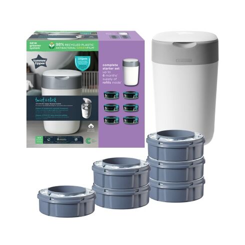 Pachet Cos pentru scutece + 6 Rezerve Tommee Tippee Sangenic Twist and Click Reciclabil, Alb / Gri