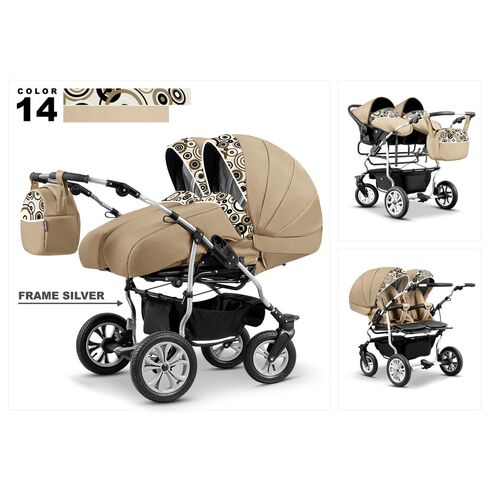 Carucior pentru gemeni Mikado DUET LUX D-14 3 in 1, Culoare: Crem  - ExclusivMAG.ro