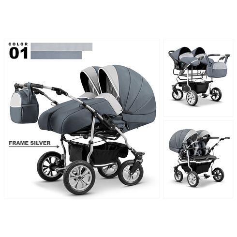 Carucior pentru gemeni Mikado DUET LUX D-01 3 in 1, Culoare: Alb/Gri  - ExclusivMAG.ro