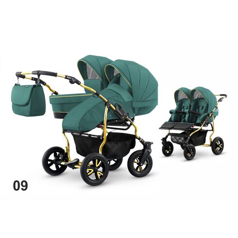 Carucior pentru doi copii Mikado GOLDSTAR 0+1 (T01-09) Verde/Cadru Auriu, Culoare: Verde