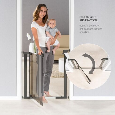 Poarta de siguranta Reer DesignLine Puristic, presiune, 76-96 cm, metal + plexiglas gri - poza 5 - ExclusivMAG.ro