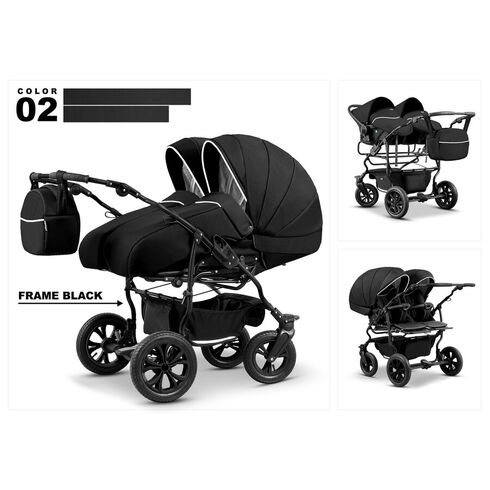 Carucior pentru gemeni Mikado DUET LUX D-02 3 in 1, Culoare: Negru  - ExclusivMAG.ro