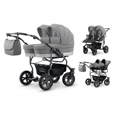 Carucior pentru gemeni Mikado GOLDSTAR GS-06 3 in 1, Culoare: Gri deschis  - ExclusivMAG.ro
