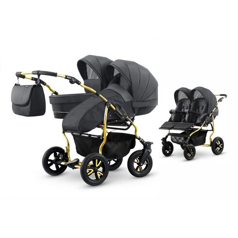 Carucior pentru doi copii Mikado GOLDSTAR 0+1 (T01-11) Grafit/Cadru Auriu, Culoare: Negru