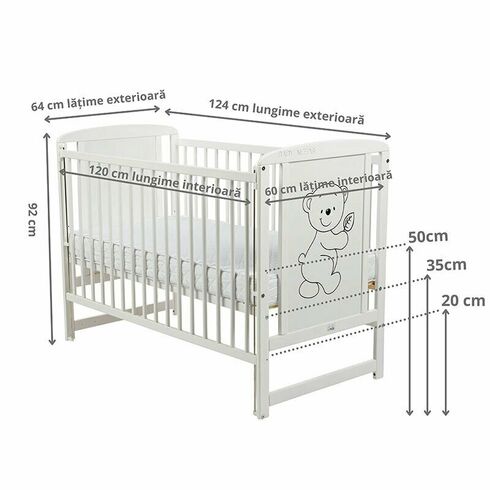 Patut din lemn BabyNeeds Timmi 120x60 cm, cu laterala culisanta, Alb,poza 3