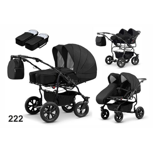 Carucior pentru gemeni Mikado DUET LUX D-222 3 in 1, Culoare: Negru