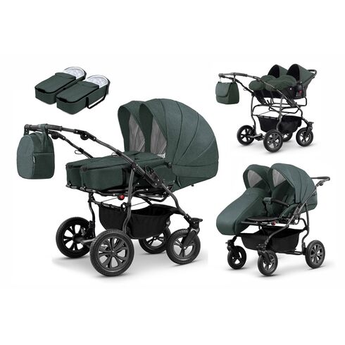 Carucior pentru gemeni Mikado DUET LUX D-226 3 in 1, Culoare: Verde  - ExclusivMAG.ro