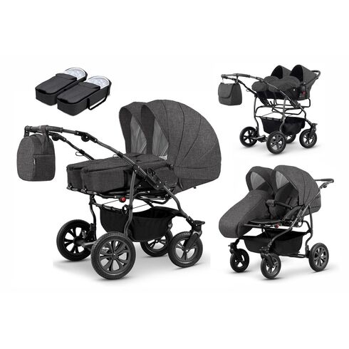 Carucior pentru gemeni Mikado DUET LUX D-224 3 in 1, Culoare: Gri