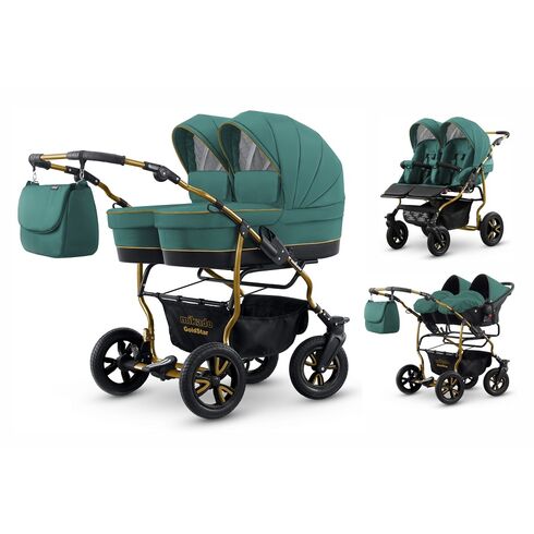 Carucior pentru gemeni Mikado GOLDSTAR GS-09 3 in 1, Culoare: Turcoaz  - ExclusivMAG.ro