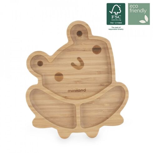 Farfuriuta de lemn compartimentata cu baza silicon Frog Miniland, Culoare: Verde