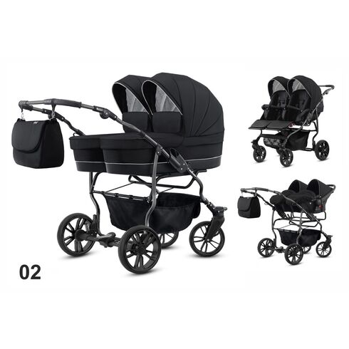 Carucior pentru gemeni Mikado TWIN 2023 T-02 3 in 1, Culoare: Negru