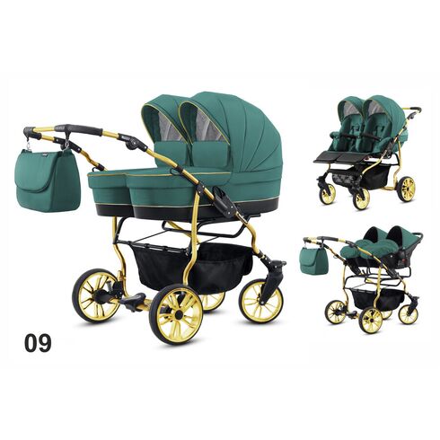 Carucior pentru gemeni Mikado TWIN 2023 T-09 3 in 1, Culoare: Verde
