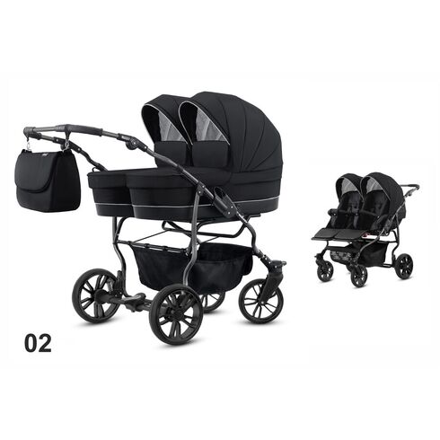 Carucior pentru gemeni Mikado TWIN 2023 T-02 2 in 1, Culoare: Negru