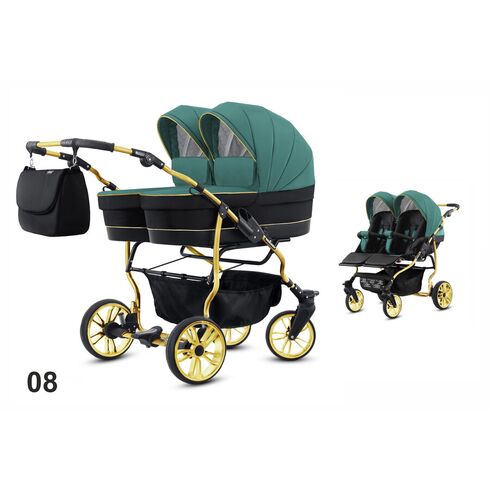 Carucior pentru gemeni Mikado TWIN 2023 T-08 2 in 1, Culoare: Verde inchis