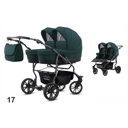 Carucior pentru gemeni Mikado GOLDSTAR 2 in 1 GS-17, Culoare: Verde inchis  - ExclusivMAG.ro
