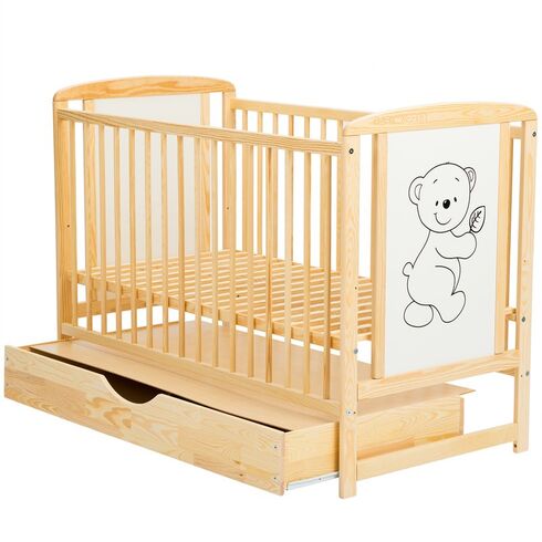 Patut din lemn BabyNeeds Timmi 120x60 cm, cu sertar, Natur + Saltea 10 cm, Culoare: Natur, Dimensiuni: 120x60,poza 2