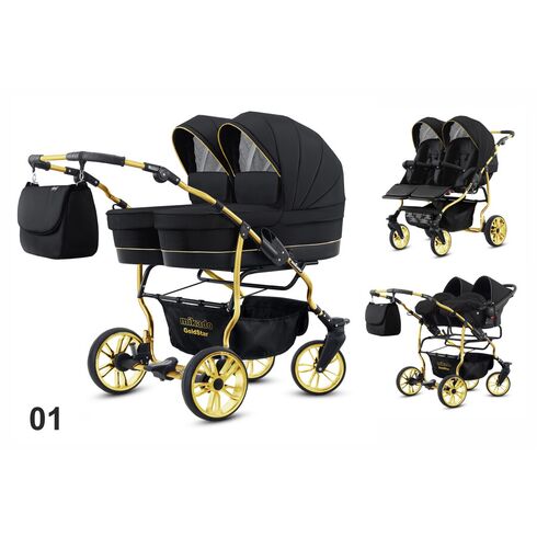 Carucior pentru gemeni Mikado GOLDSTAR 3 in 1 GS-01, Culoare: Negru/Auriu, Model: gemeni