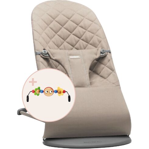 BabyBjorn - Balansoar Bliss Sand Grey din tesatura matlasata cu aspect Clasic, cu bara de jucarii inclusa, Culoare: Crem