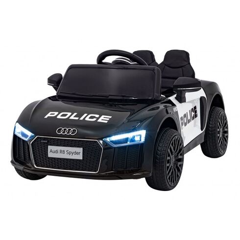 Masinuta electrica cu telecomanda AUDI R8 Police, roti EVA, scaun tapitat, putere 70W - Negru, Culoare: Alb/Negru, Capacitate acumulator: 6V