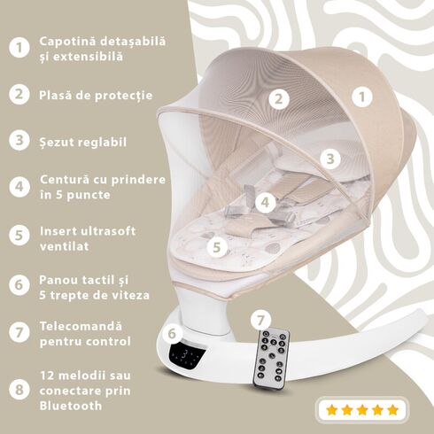 Leagan electric pentru bebelusi, cu spatar reglabil si senzor de miscare, AppeKids Evoque - Bubble Beige, Culoare: Crem,poza 2