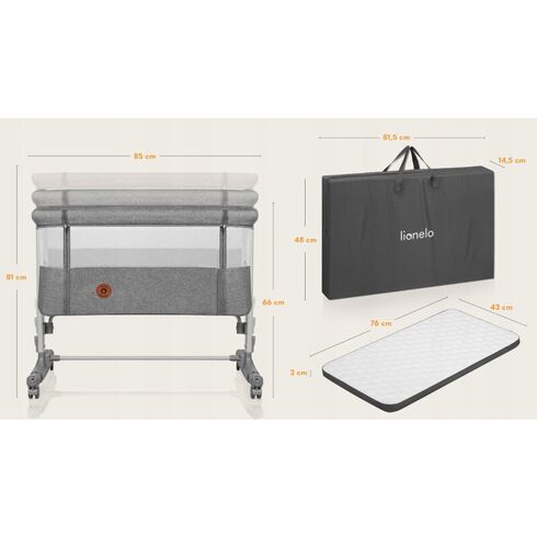 Patut co-sleeper, Lionelo, Aurora, 3 in 1, Cu leganare si setare unghiulara, Pana la 9 kg, 0 luni+, Bej/Gri deschis, Culoare: Gri deschis, Dimensiuni: 80x50,poza 10