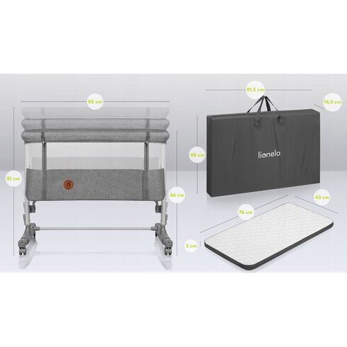 Patut co-sleeper, Lionelo, Aurora, 3 in 1, Cu leganare si setare unghiulara, Pana la 9 kg, 0 luni+, Gri, Culoare: Gri, Dimensiuni: 80x50,poza 11