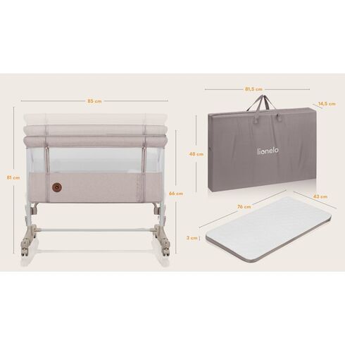 Patut co-sleeper, Lionelo, Aurora, 3 in 1, Cu leganare si setare unghiulara, Pana la 9 kg, 0 luni+, Bej, Culoare: Bej, Dimensiuni: 80x50,poza 7
