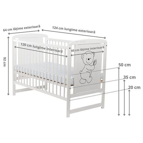 Patut din lemn BabyNeeds Timmi 120x60 cm, Alb - poza 5 - ExclusivMAG.ro