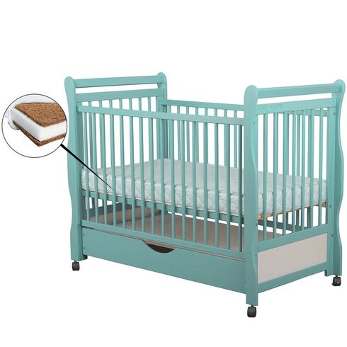 Patut din lemn BabyNeeds Jas 120x60 cm, cu sertar, Mint + Saltea 10 cm