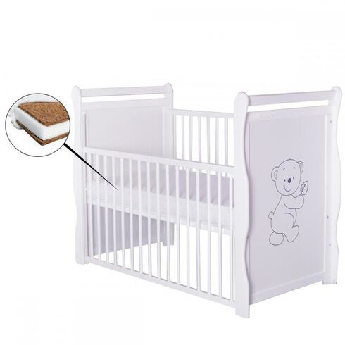 Patut din lemn BabyNeeds Jas Ursulet 120x60 cm, cu laterala culisanta, Alb + Saltea 8 cm  - ExclusivMAG.ro
